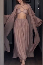 Flowy Linen Blend Halter Tank & Elastic Waist Tie-up Wide Leg Pants & Kimono Cover-Ups 3pieces Set