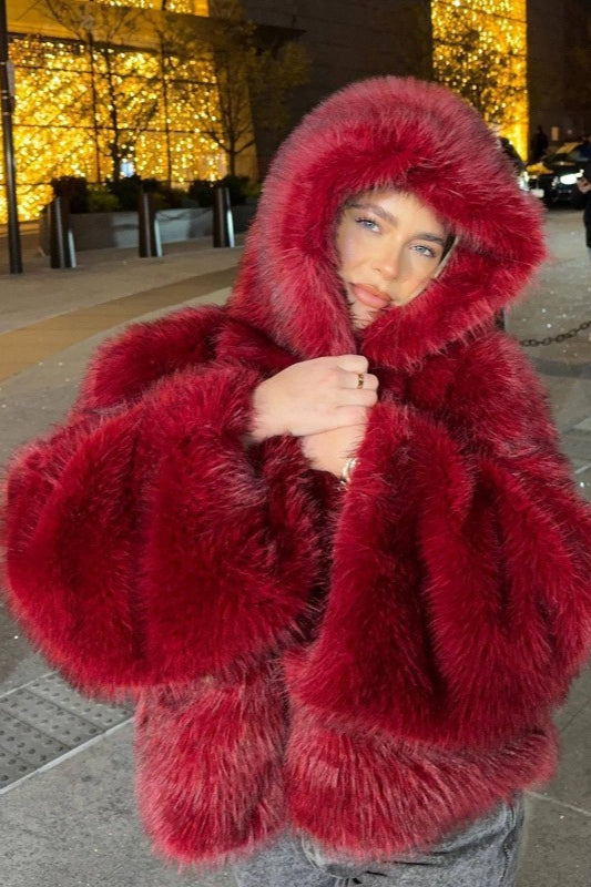 Hooded Faux Fur Blend Coat