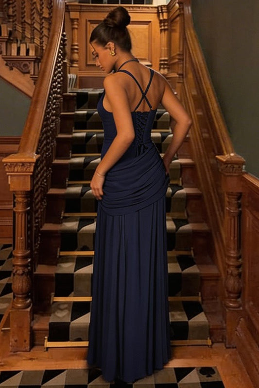 Scoop Neck Wide Strap Ruched Draped Waist Maxi Dress