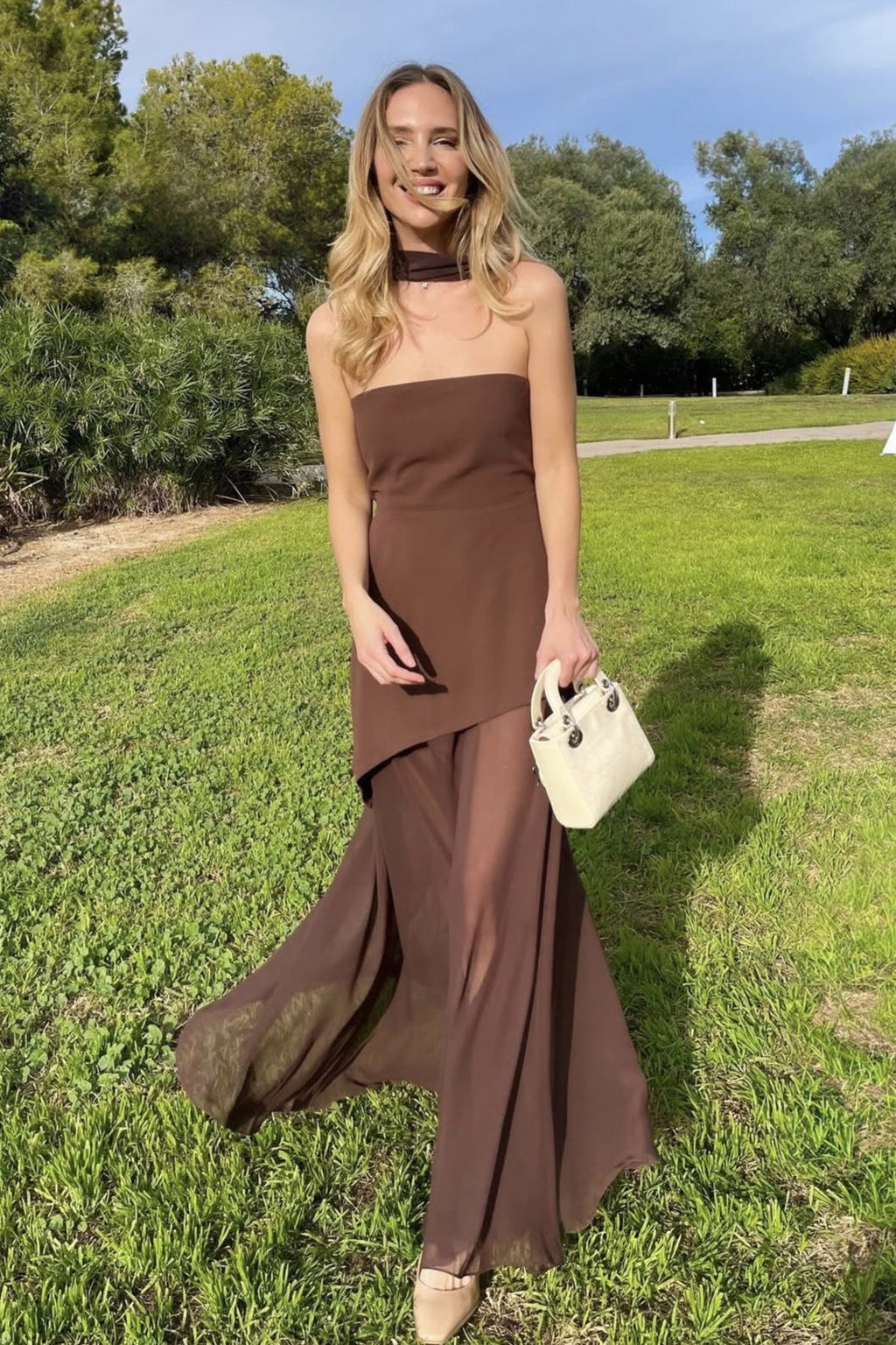 Strapless Structured Bodice Choker Neck Layered Sheer Chiffon Maxi Dress