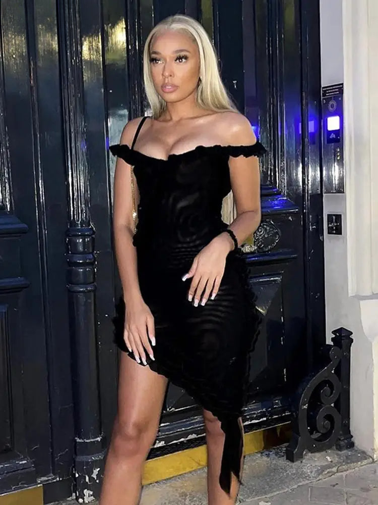 Ruffle Trim Scoop Neck Asymmetric Hem Bodycon Mini Dress