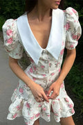 Floral Puff Sleeve Contrast Collar Button Front Ruffle Hem Mini Dress