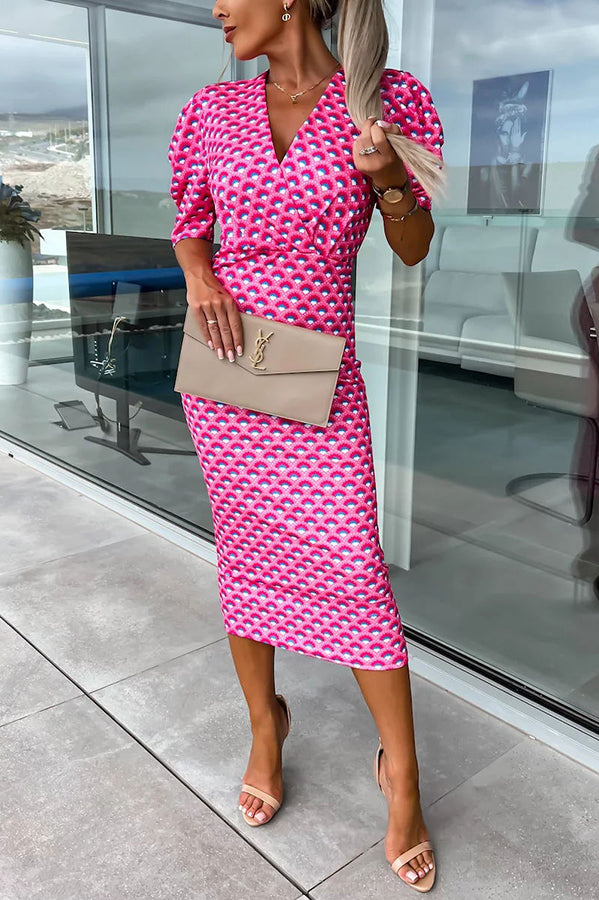 Printed Puff Sleeve Wrap V-Neck Bodycon Midi Dress