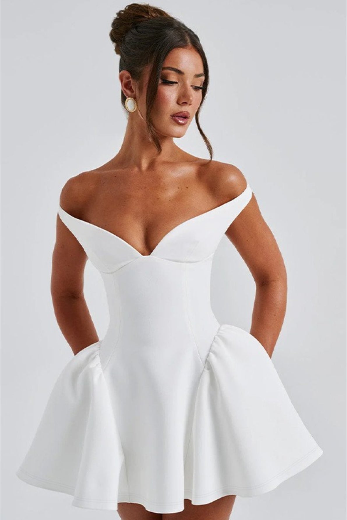 Off Shoulder Plunging Sweetheart Princess Seam Fit and Flare Mini Dress