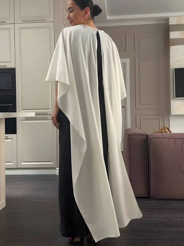 Contrast Shawl Crewneck Two-Piece Slip Skirt Set