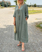 Casual Cotton Linen V-neck Button Decorative Dress