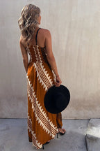 Geometric Print Spaghetti Strap V-Neck Smocked Back Midi Dress
