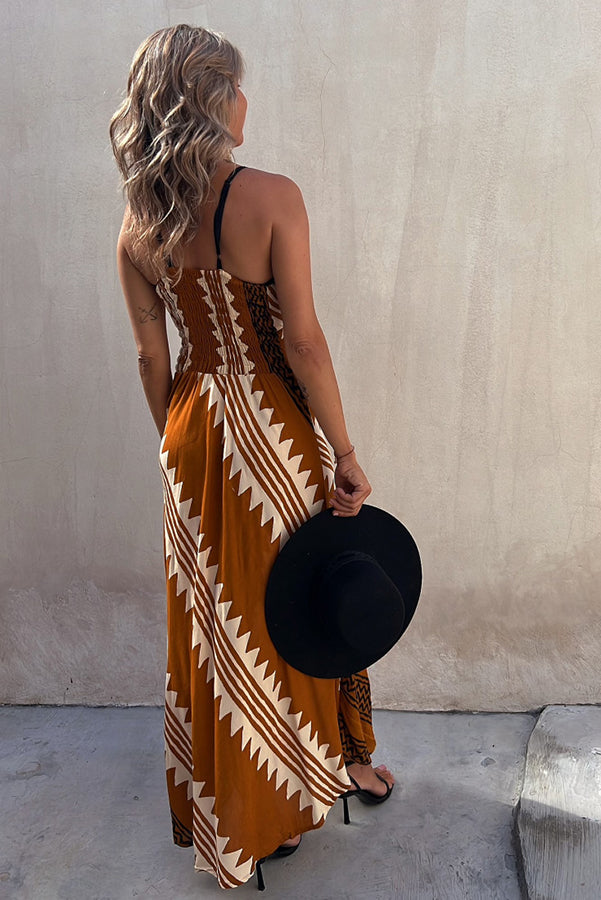 Geometric Print Spaghetti Strap V-Neck Smocked Back Midi Dress
