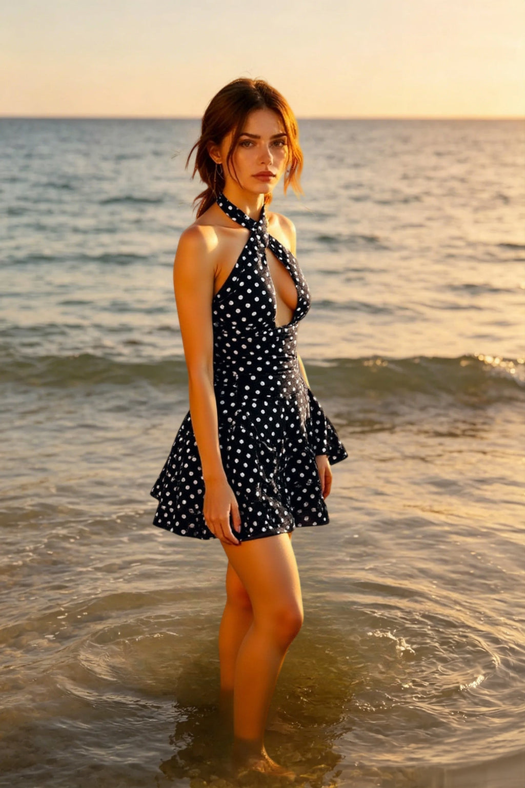 Polka Dot Halter Neck Keyhole Cut Out Backless Mini Dress