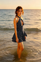 Polka Dot Halter Neck Keyhole Cut Out Backless Mini Dress