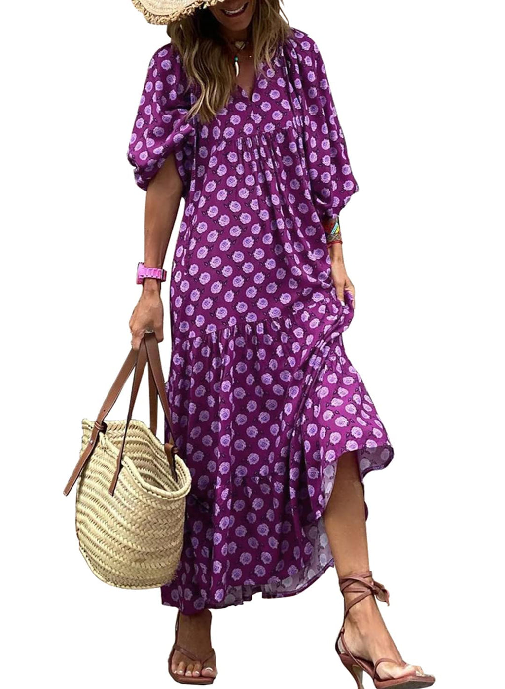 Puff Sleeve Tiered Geometric Print Boho Maxi Dress