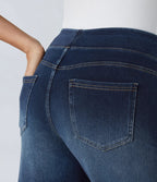 High Waisted Multiple Pockets Baggy Wide Leg Washed Stretchy Knit Casual Jeans
