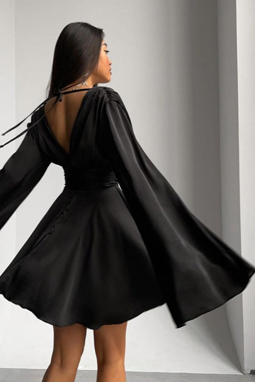 Satin Deep V-Neck Ruched Waist Flare Sleeve Mini Dress