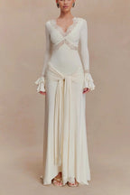 Lace Insert Off Shoulder Ruffle Cuff Long Sleeve Knotted Draped Maxi Gown