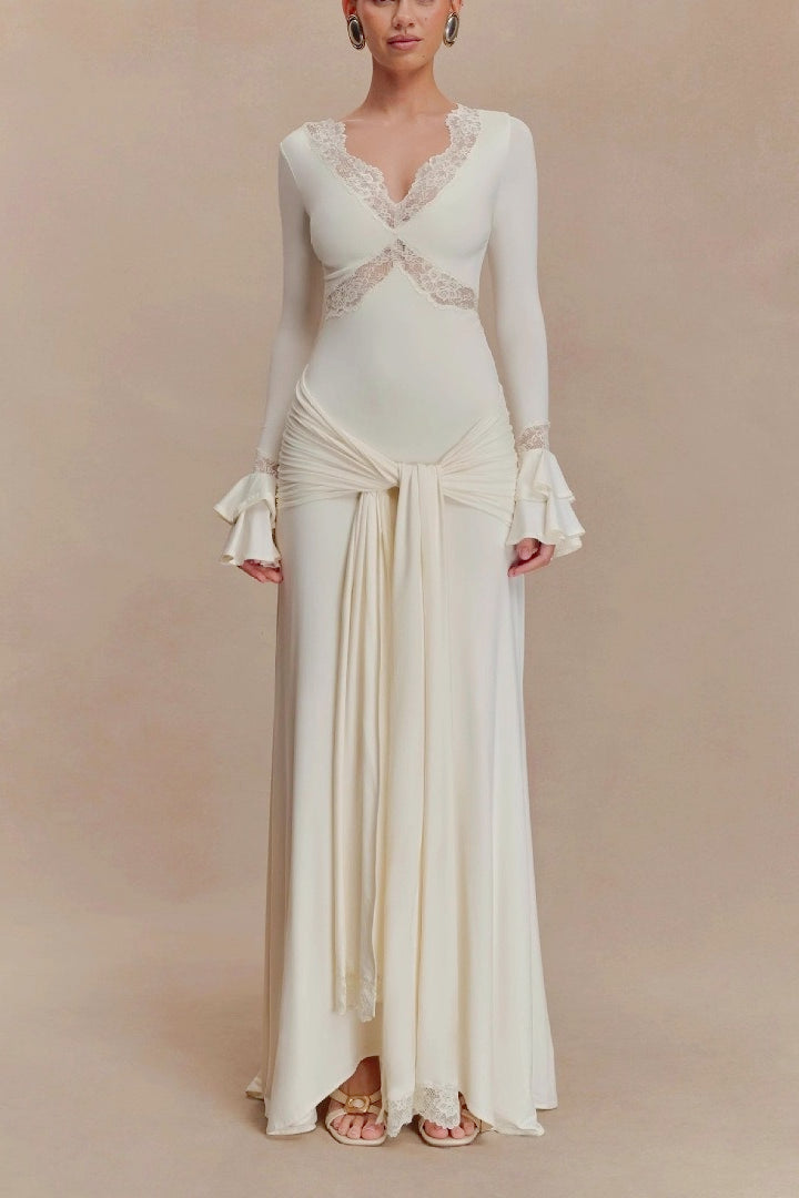 Lace Insert Off Shoulder Ruffle Cuff Long Sleeve Knotted Draped Maxi Gown