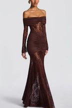 Lace Off Shoulder Long Sleeve Ruched Panel Cut Out Mermaid Maxi Dress