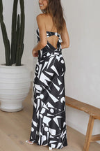 Strapless Geometric Print Satin Column Maxi Dress