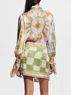 Collared Button Front Baroque Chess Print Tie Cuff Shirt and Wrap Mini Skirt Set