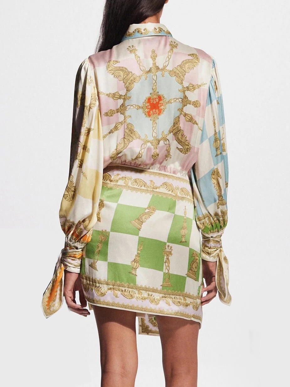 Collared Button Front Baroque Chess Print Tie Cuff Shirt and Wrap Mini Skirt Set