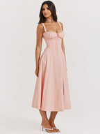 Soft Pink Summer Dress Sleeveless Straps Neck Cottagecore Lace Up Midi Dress For Women