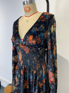Vintage Smocked Waist V-Neck Long Sleeve Floral Print Mini Dress For Women 2026