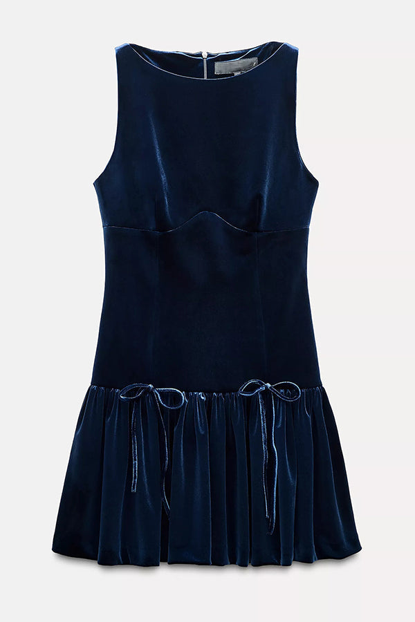 Velvet Bow Trim Drop Waist Gathered Pleated Mini Dress