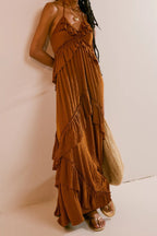 Halter Back Tie Tiered Ruffle Maxi Skirt Two Piece Set