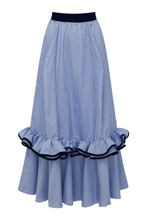 Striped Print Elegant Ruffle Trim Vacation Maxi Skirt