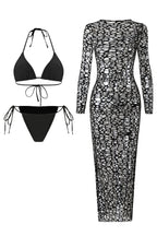 Solid Color Stretch Two-piece Bikini Swimsuit and Hollowed-out Long-sleeved Slim-fit Cover-up Maxi Dress Set