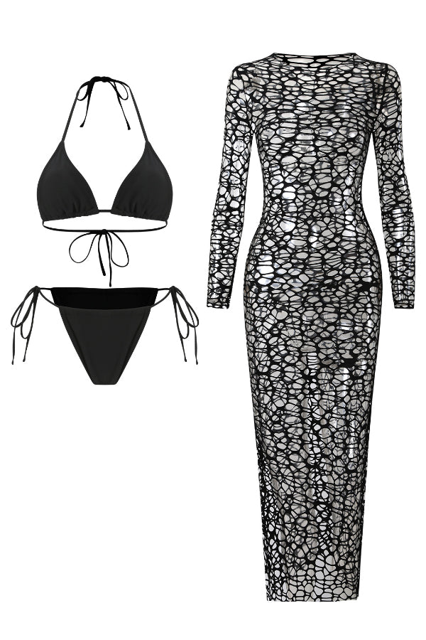 Solid Color Stretch Two-piece Bikini Swimsuit and Hollowed-out Long-sleeved Slim-fit Cover-up Maxi Dress Set