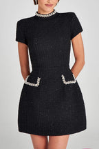 Leslie Timeless Exquisite and Playful Mini Dress Made of Tweed Fabric with Beaded Trim, Short Sleeves and Pockets Elevated Occasion Wear