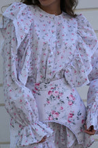 White Long Sleeve Ruffle Trim Detachable Belt Mini Floral Print Dress