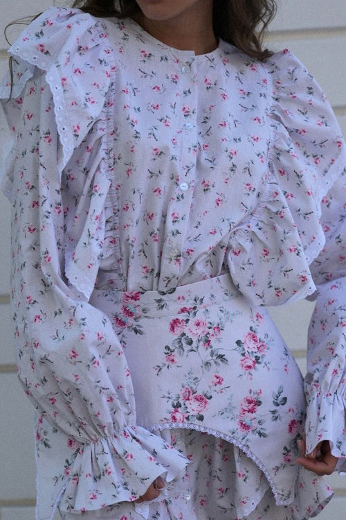 White Long Sleeve Ruffle Trim Detachable Belt Mini Floral Print Dress