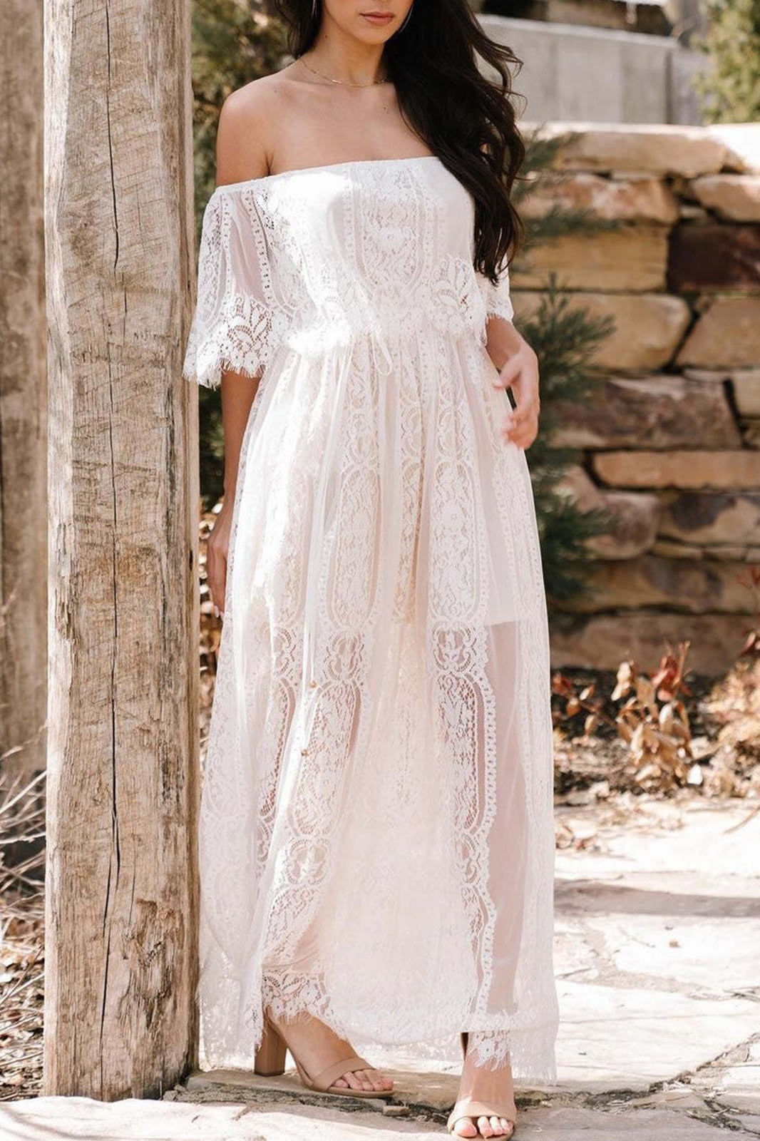 White Off Shoulder Ruffle Overlay Lace Panel Sheer Hem Maxi Dress