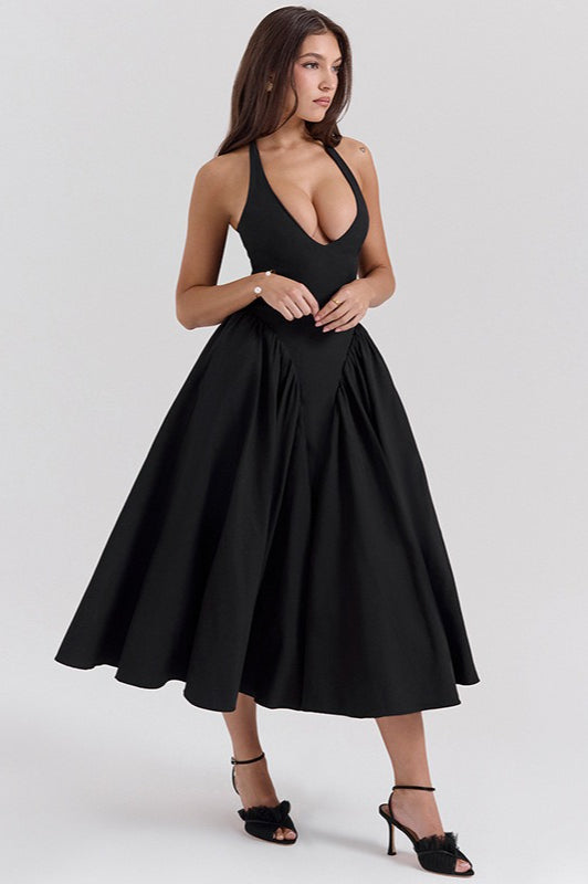 Black Halter Backless Tie Dress