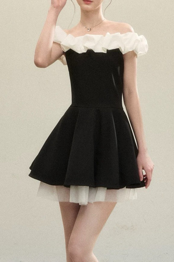 Black Ballet Neck Colorblock Mini Dress