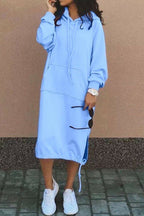Oversized Hooded Kangaroo Pocket Drawstring Hem Side Slit Midi Sweatshirt Dress
