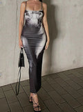 Trompe Loeil Body Print Spaghetti Strap Square Neck Bodycon Maxi Dress