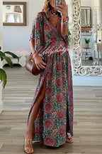 Boho Fan Print V-Neck Kimono Sleeve High Slit Maxi Dress