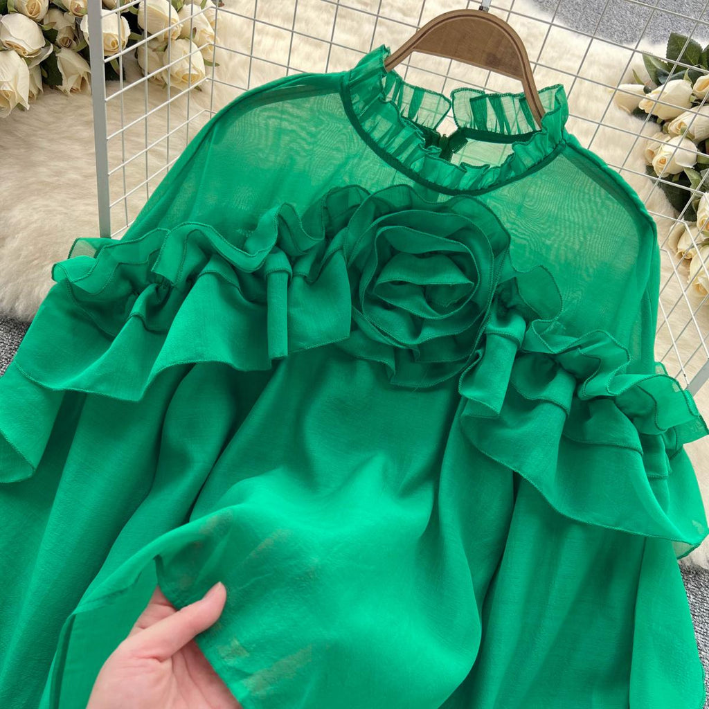 | Irregular Gathered Mesh Blouse