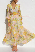 Abstract Floral Print V-Neck Bishop Sleeve Wrap Waist Tiered Maxi Dress