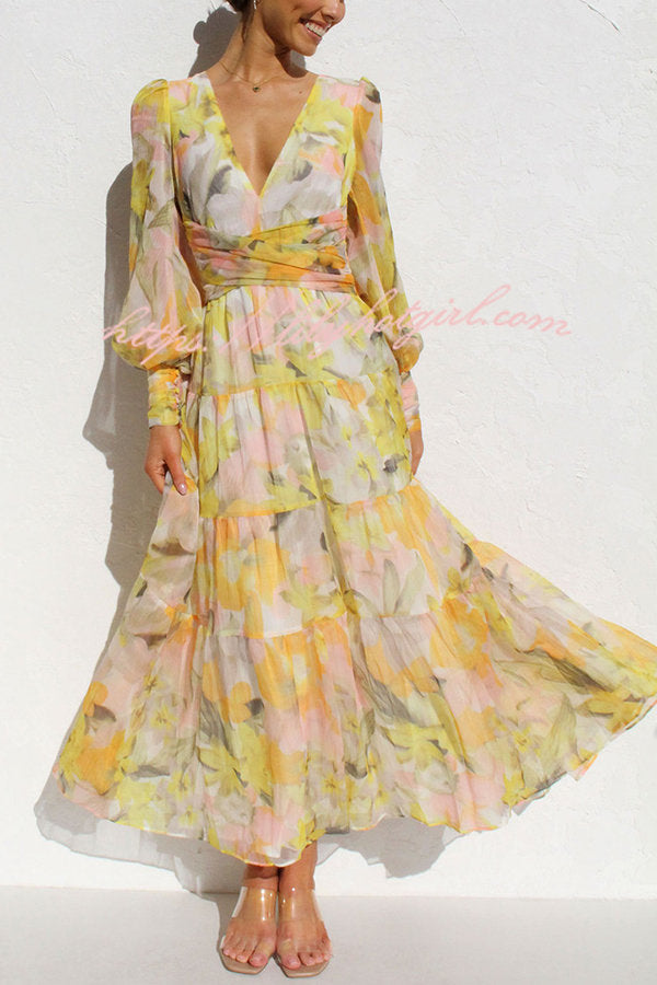 Abstract Floral Print V-Neck Bishop Sleeve Wrap Waist Tiered Maxi Dress