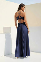 Sky Blue Halter Pleated Satin A Line Prom Dresses With Cutout