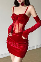 Velvet Sweetheart Twisted Knot Lace Corset Panel Cut Out Mini Dress