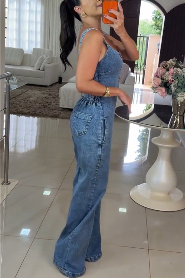 Heidi Denim Square Neck Button Back Smocked Pocket Flare Stretch Jumpsuit