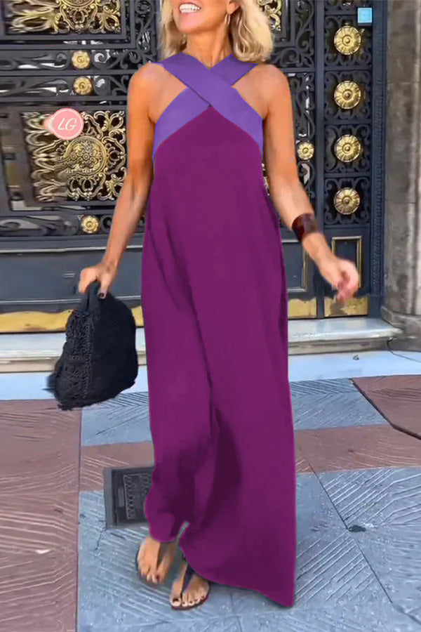 Halter Neck Mesh Illusion Panel Flowy Maxi Dress