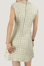 Pearl Embellished Neckline Button Front Fringe Trim Tweed Mini Dress
