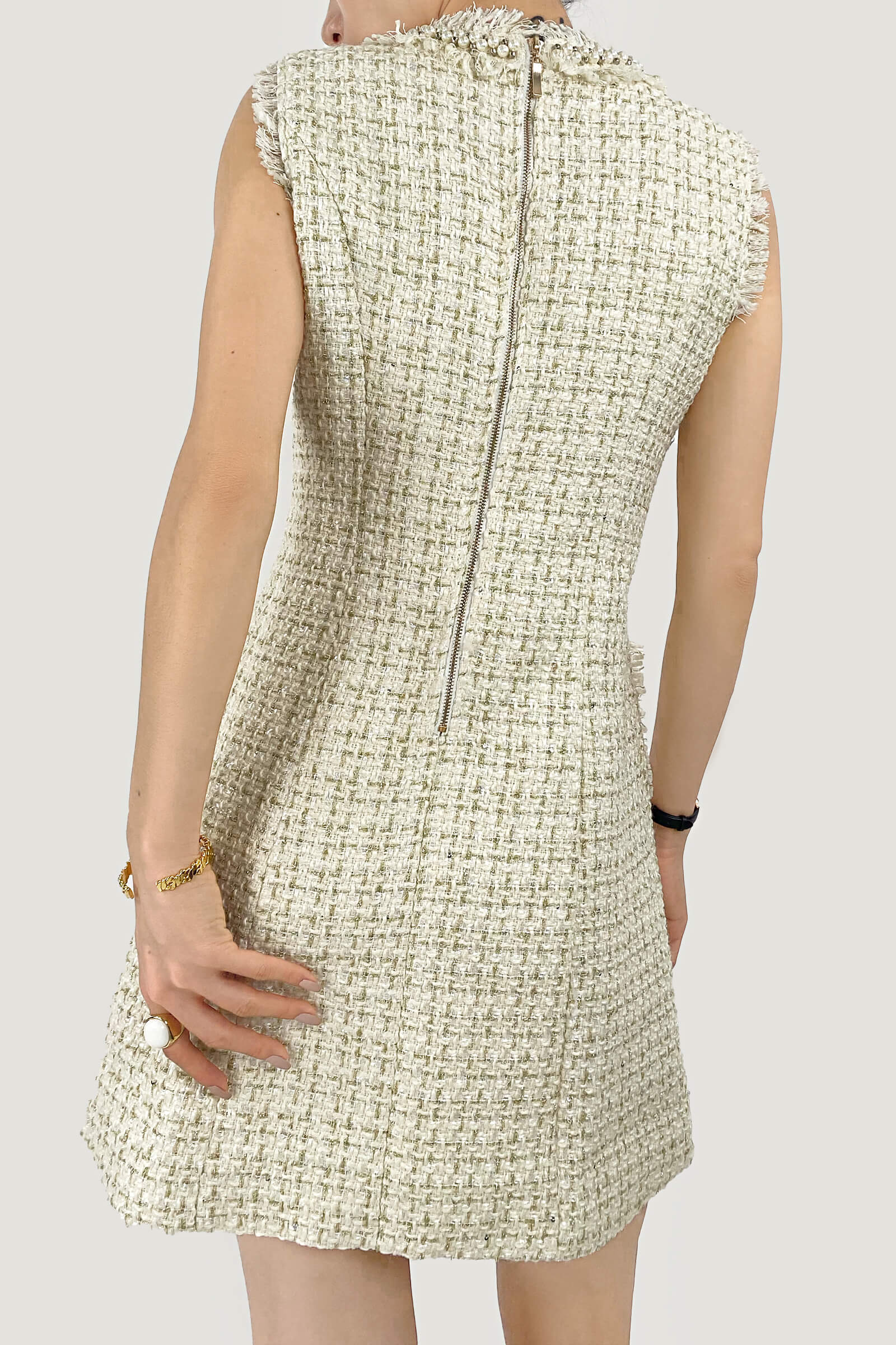 Pearl Embellished Neckline Button Front Fringe Trim Tweed Mini Dress