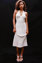 Retro Halter V Neck Polka Dot Sexy Midi Dress