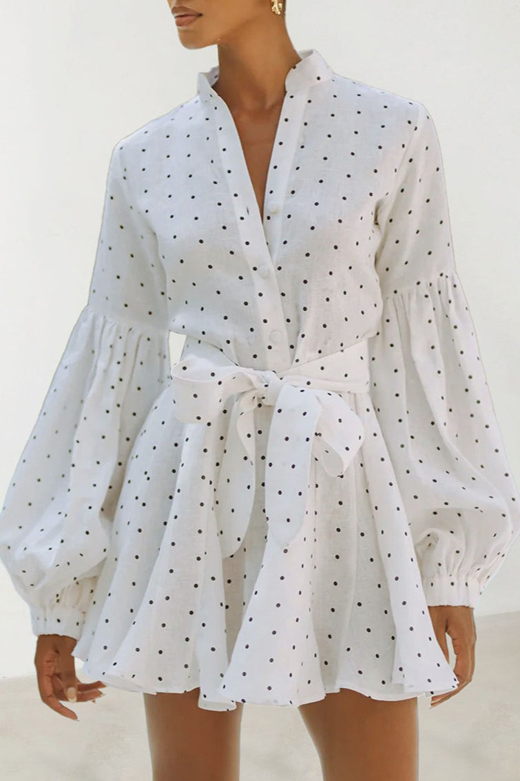 Polka Dot Puff Sleeve Stand Collar Button Front Tie Waist Mini Dress